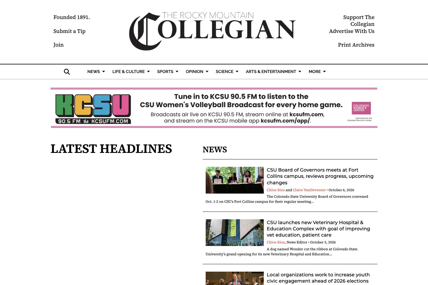 The Rocky Mountain Collegian production homepage, captured 2026-10-12