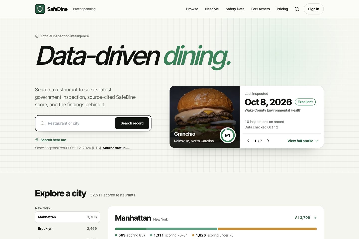 SafeDine production homepage, captured 2026-10-12